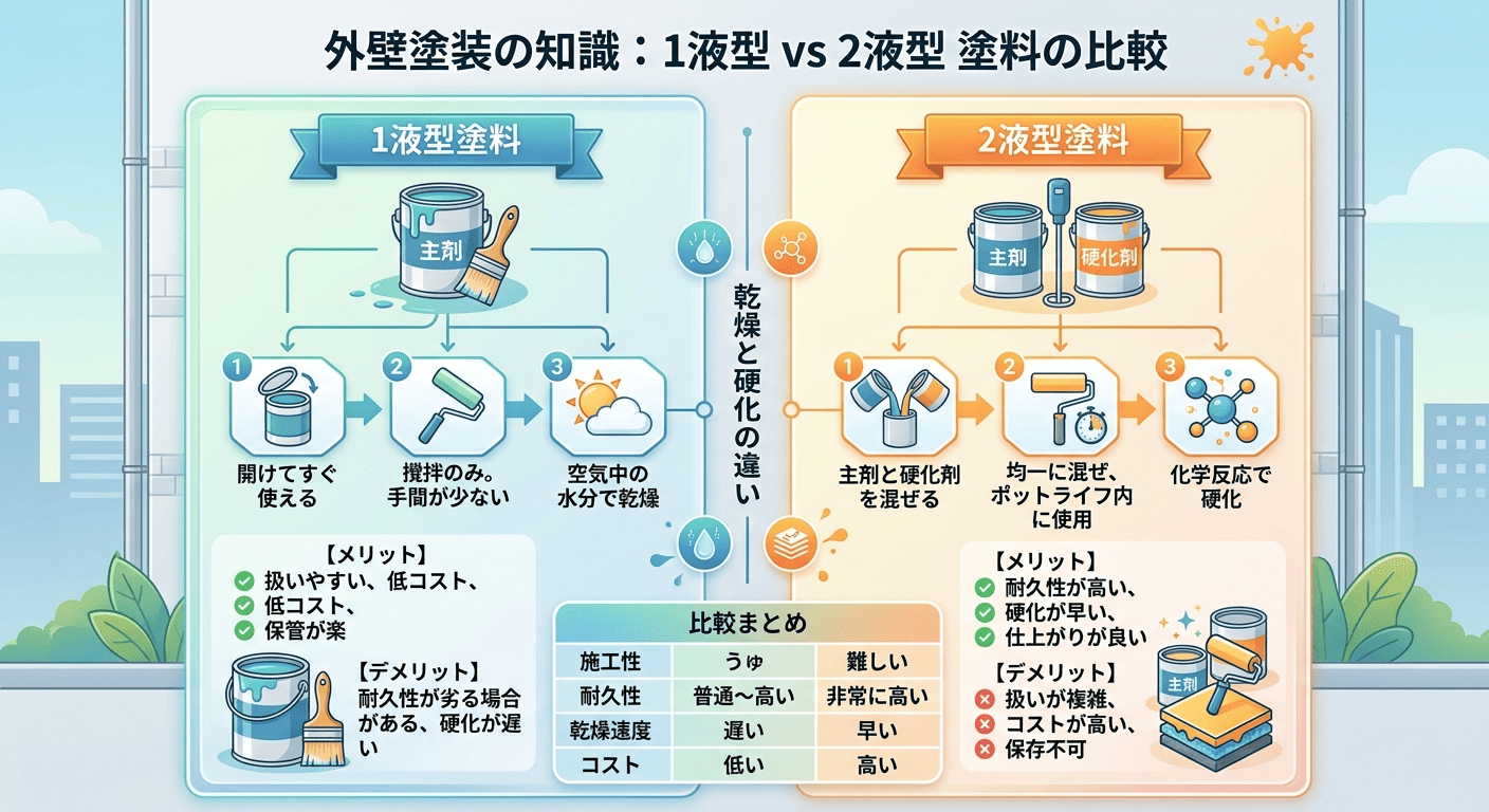 外壁塗装で使う1液型と2液型塗料の比較まとめ