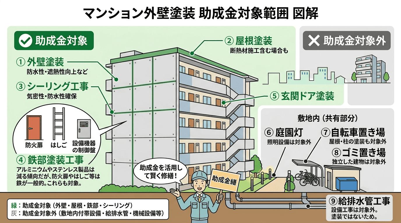 マンション外壁塗装の助成金対象範囲図解