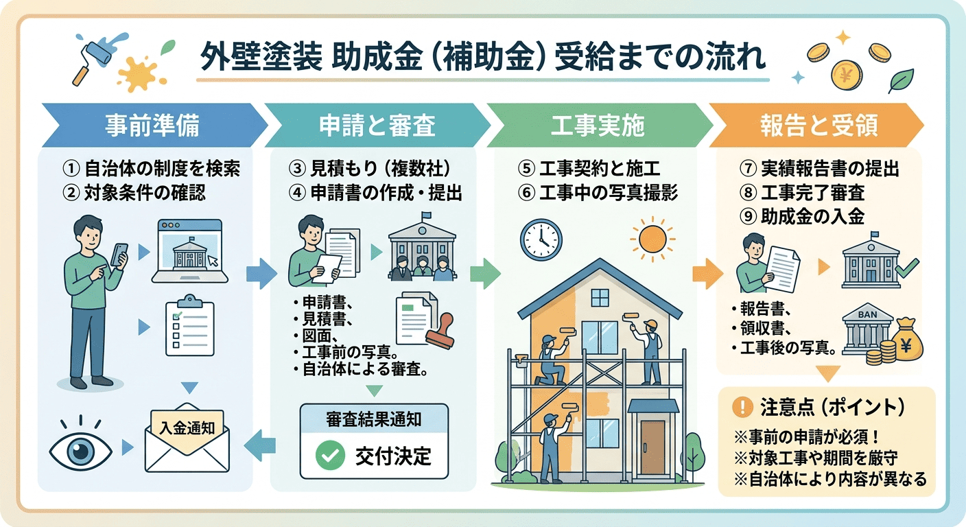 外壁塗装助成金（補助金）受給までの流れ