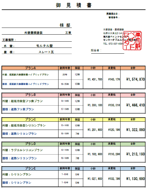 南大阪ペイントセンター外壁塗装見積もり